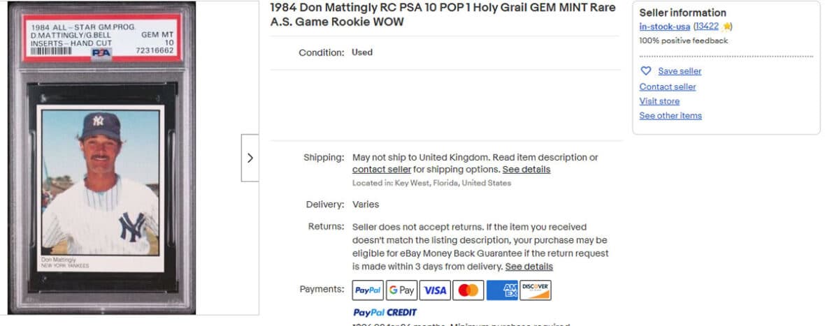 1984 Don Mattingly RC PSA 10 POP 1
