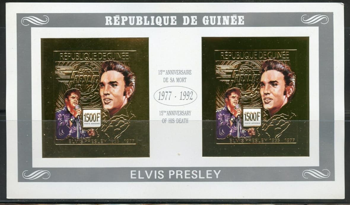 Elvis stamps worth a lot: Elvis Presley Guinea 15th Memorial Gold Foil IMPF