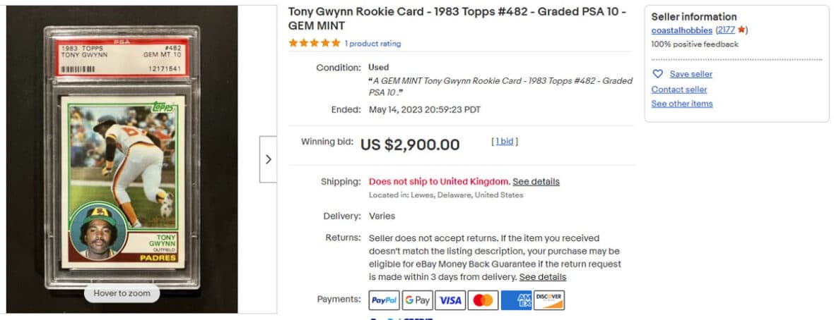 Tony Gwynn Rookie Card - 1983 Topps #482 - Graded PSA 10 - GEM MINT
