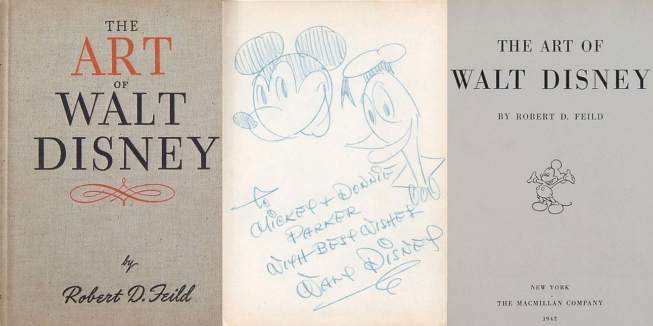 Art of Walt Disney book with signed Mickey and Donald Sketch