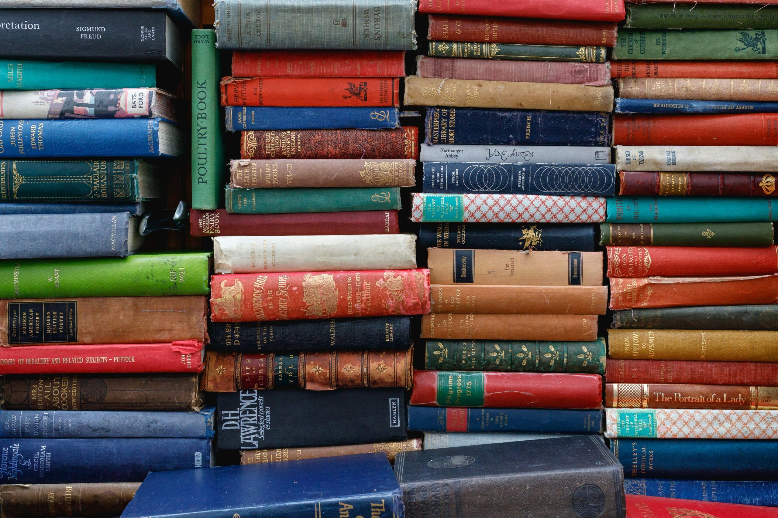 A large stack of books.