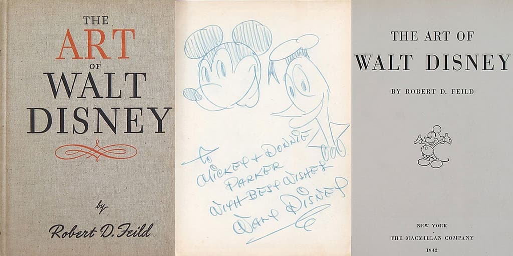 Art of Walt Disney book with signed Mickey and Donald Sketch
