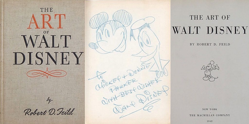 Art of Walt Disney book with signed Mickey and Donald Sketch