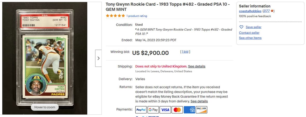 Tony Gwynn Rookie Card - 1983 Topps #482 - Graded PSA 10 - GEM MINT