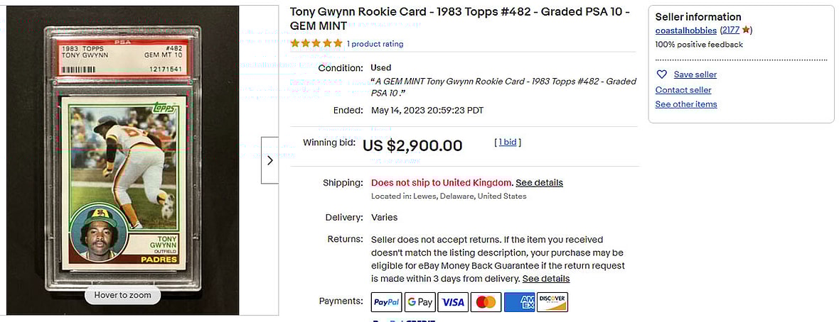 Tony Gwynn Rookie Card - 1983 Topps #482 - Graded PSA 10 - GEM MINT