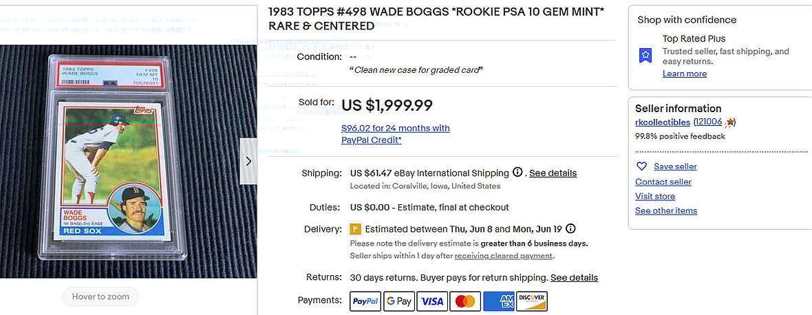1983 TOPPS #498 WADE BOGGS *ROOKIE PSA 10 GEM MINT* RARE & CENTERED