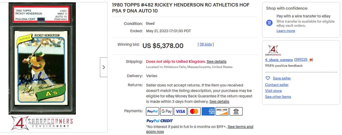 1980 TOPPS #482 RICKEY HENDERSON RC ATHLETICS HOF PSA 9 DNA AUTO 10