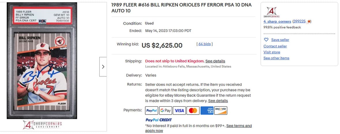 1989 FLEER #616 BILL RIPKEN ORIOLES FF ERROR PSA 10 DNA AUTO 10