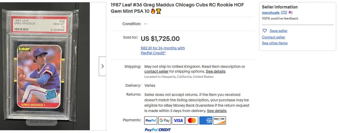 1987 Leaf #36 Greg Maddux Chicago Cubs RC Rookie HOF Gem Mint PSA 10