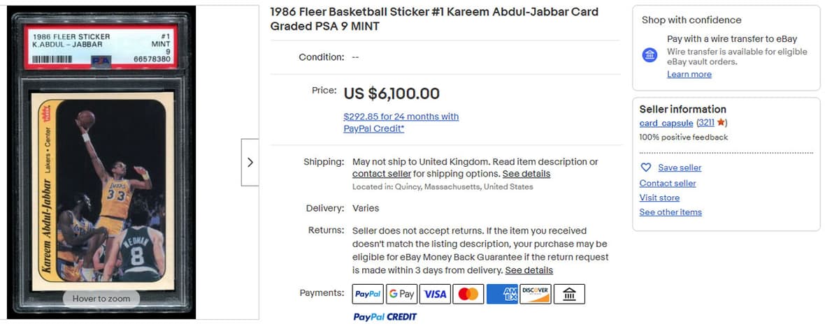1986 Fleer Basketball Sticker #1 Kareem Abdul-Jabbar Card Graded PSA 9 MINT