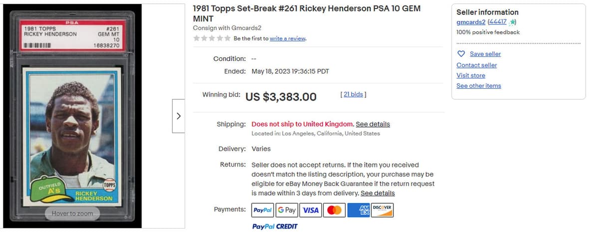 1981 Topps Set-Break #261 Rickey Henderson PSA 10 GEM MINT