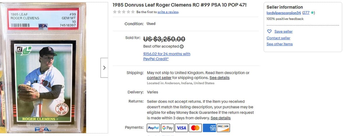 1985 Donruss Leaf Roger Clemens RC #99 PSA 10 POP 47!