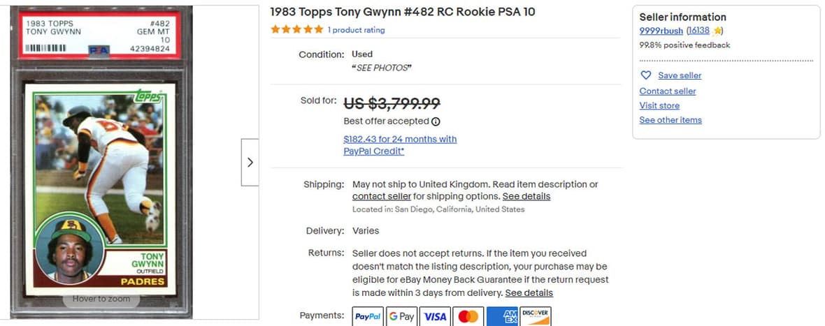 1983 Topps Tony Gwynn #482 RC Rookie PSA 10