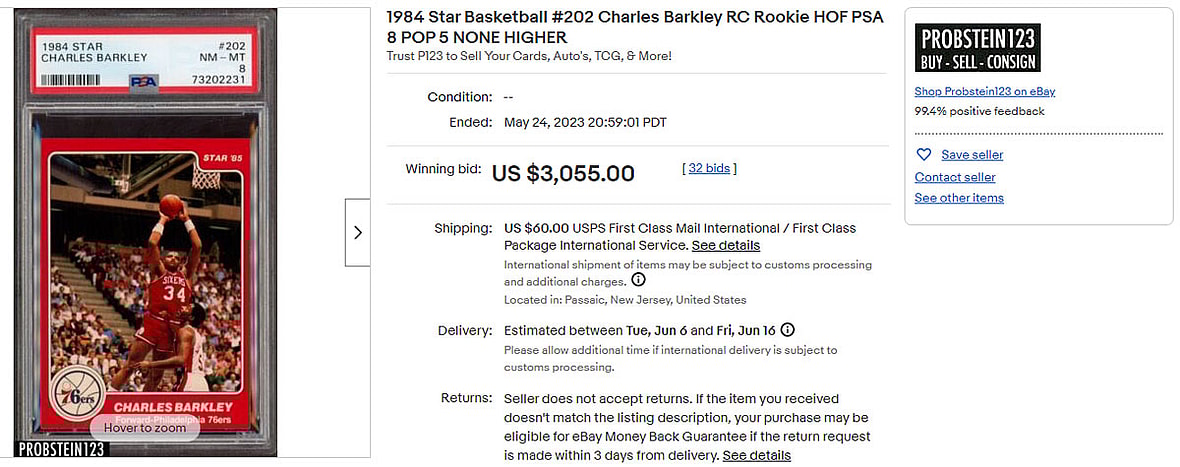 1984 Star Basketball #202 Charles Barkley RC Rookie HOF PSA 8 -- Top 25 Highest-Selling Basketball Cards from the Junk Wax Era on eBay