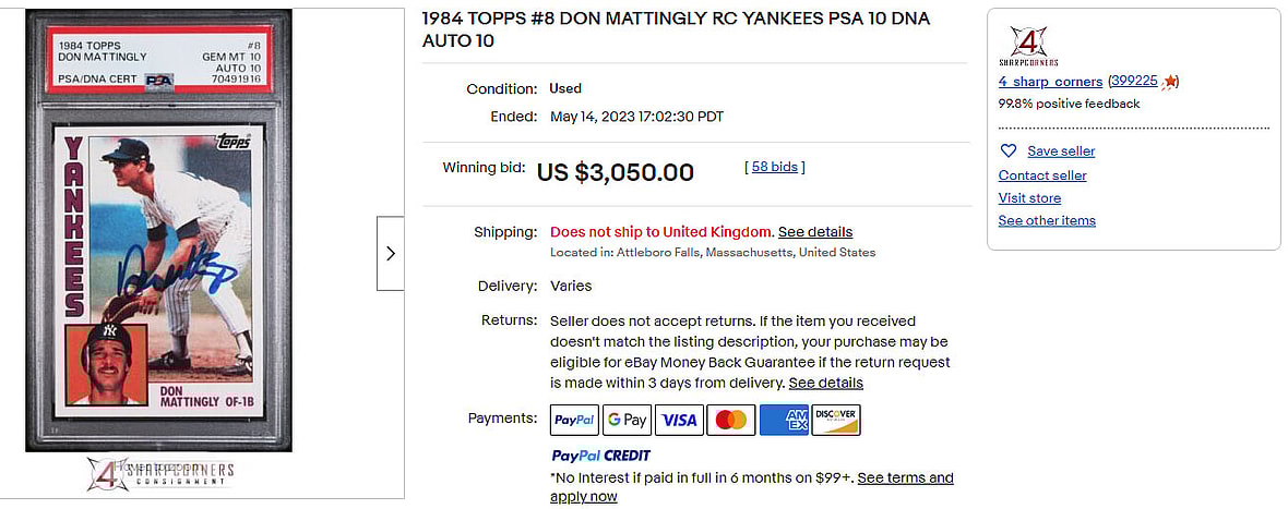 1984 TOPPS #8 DON MATTINGLY RC YANKEES PSA 10 DNA AUTO 10