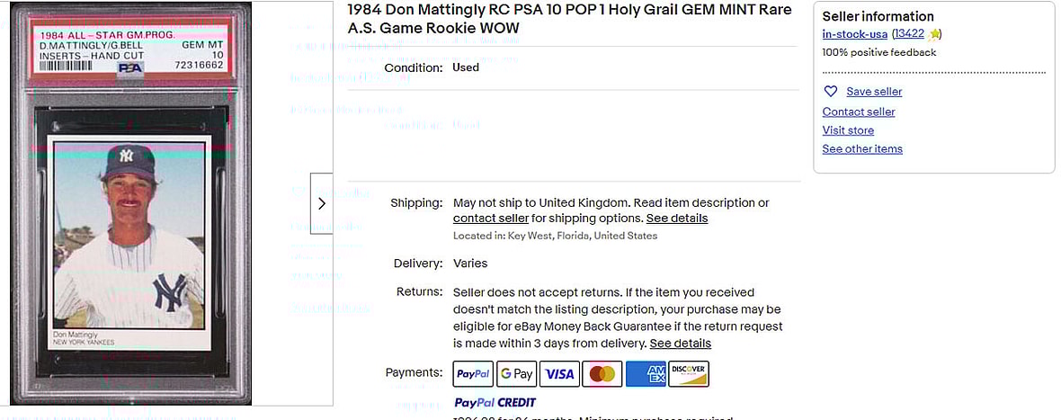 1984 Don Mattingly RC PSA 10 POP 1