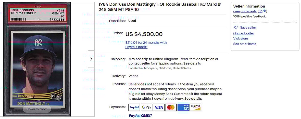 984 Donruss Don Mattingly HOF Rookie Baseball RC Card # 248 GEM MT PSA 10