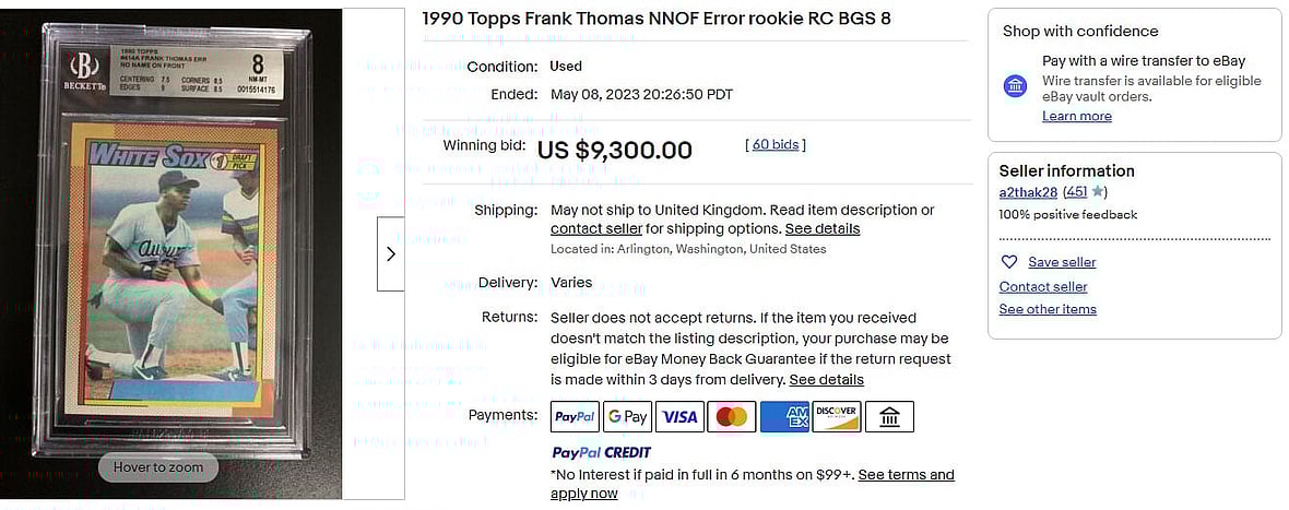 1990 Topps Frank Thomas NNOF Error rookie RC BGS 8