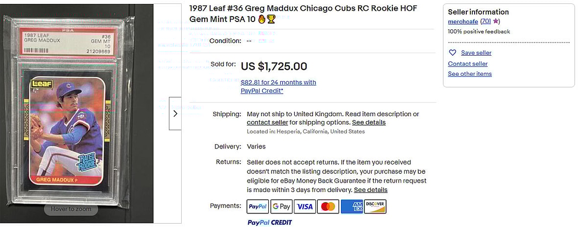 1987 Leaf #36 Greg Maddux Chicago Cubs RC Rookie HOF Gem Mint PSA 10