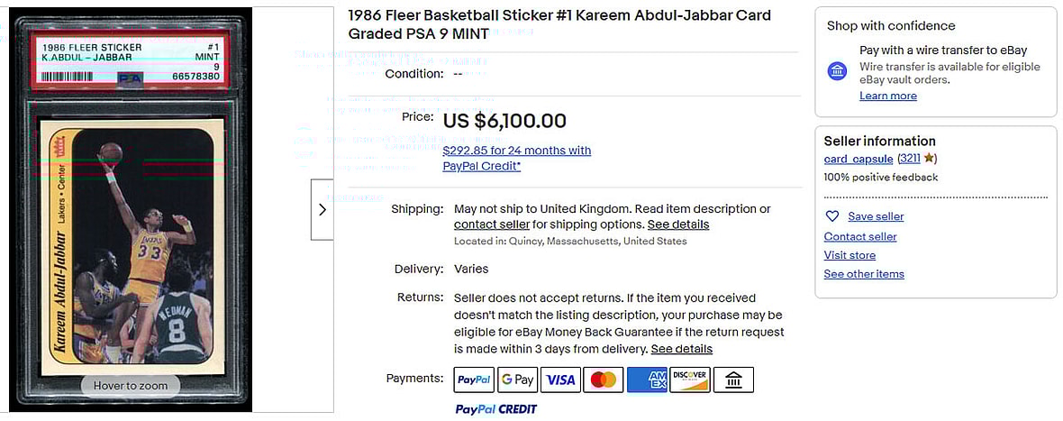 1986 Fleer Basketball Sticker #1 Kareem Abdul-Jabbar Card Graded PSA 9 MINT