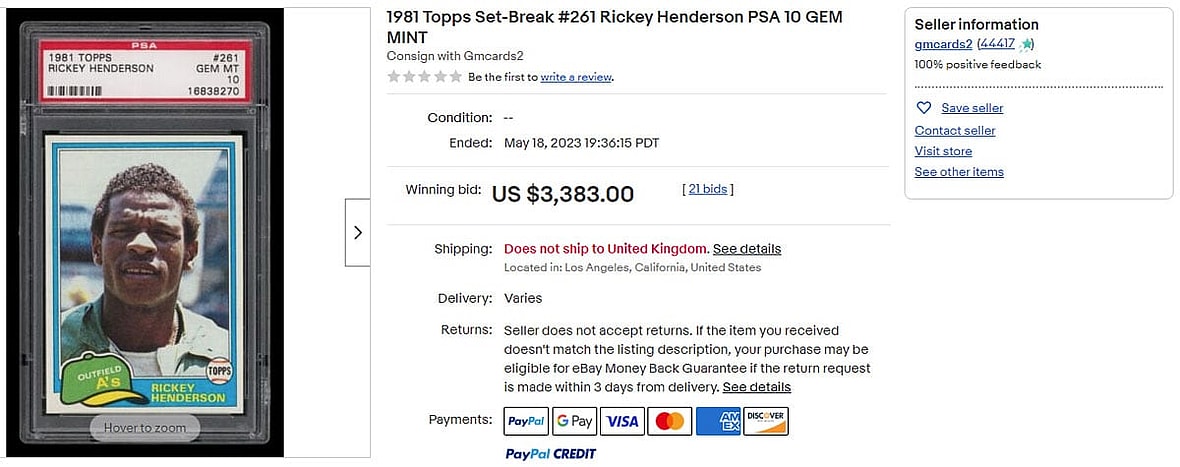 1981 Topps Set-Break #261 Rickey Henderson PSA 10 GEM MINT