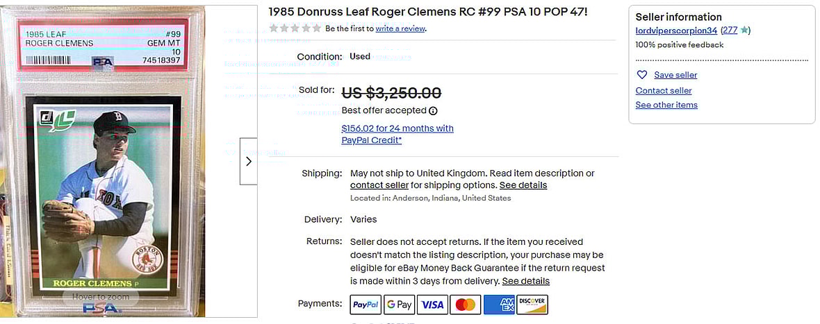 1985 Donruss Leaf Roger Clemens RC #99 PSA 10 POP 47!