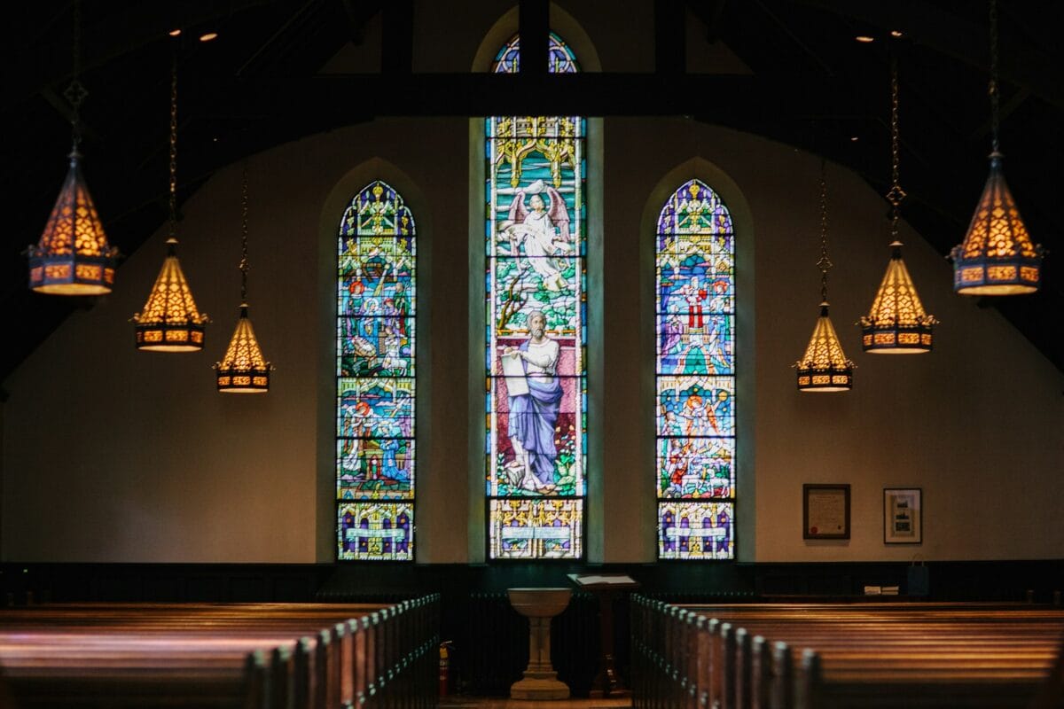 stained glass windows and pews / uncommon religious relics
