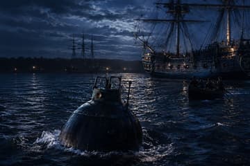 Artist impression of the Revolutionary War Turtle submarine in water.