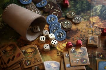 board game pieces and dice / 1980s fantasy board games