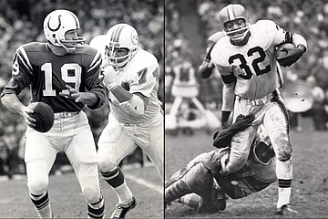 Left: Nov 1, 1970; Baltimore, MD, USA; FILE PHOTO; Baltimore Colts quarterback Johnny Unitas (19) in action against Miami Dolphins defensive tackle John Richardson (74) at Memorial Stadium. / Right: Unknown date and location; Cleveland Browns running back Jim Brown runs against the Detroit Lions. Brown rushed for a NFL record 12,312 yards over his nine hall of fame seasons in which he never missed a game. Brown retired at the age of 30 and went to the Pro Bowl all nine years he was in the league. / mile high auction / mile high card company