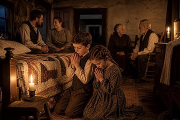 Children praying, adults conversing in candle light (1800s)