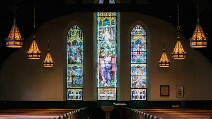 stained glass windows and pews / uncommon religious relics