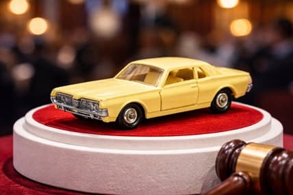 Matchbox car on pedestal, next to auction hammer.
