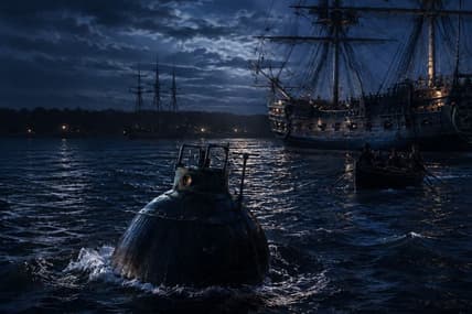 Artist impression of the Revolutionary War Turtle submarine in water.