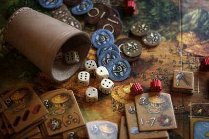 board game pieces and dice / 1980s fantasy board games