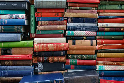 A large stack of books.