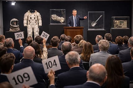 Artist impression of an auction room with space artifacts for sale.