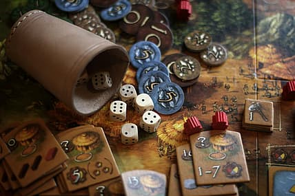 board game pieces and dice / 1980s fantasy board games