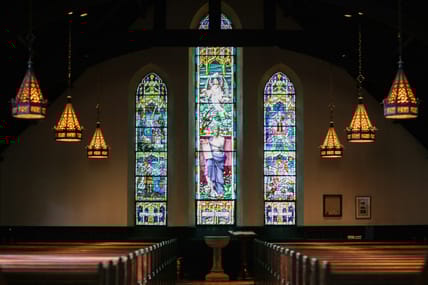 stained glass windows and pews / uncommon religious relics