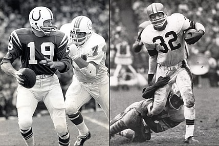 Left: Nov 1, 1970; Baltimore, MD, USA; FILE PHOTO; Baltimore Colts quarterback Johnny Unitas (19) in action against Miami Dolphins defensive tackle John Richardson (74) at Memorial Stadium. / Right: Unknown date and location; Cleveland Browns running back Jim Brown runs against the Detroit Lions. Brown rushed for a NFL record 12,312 yards over his nine hall of fame seasons in which he never missed a game. Brown retired at the age of 30 and went to the Pro Bowl all nine years he was in the league. / mile high auction / mile high card company