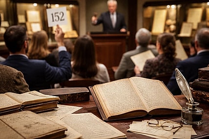 People bidding in auction filled with books and manuscripts.