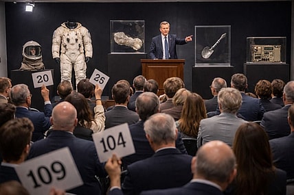 Artist impression of an auction room with space artifacts for sale.
