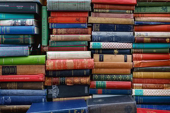 A large stack of books.