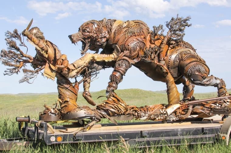Life-size sculpture of Hugh Glass being mauled by a grizzly bear resides at the Grand River Museum in Lemmon, South Dakota