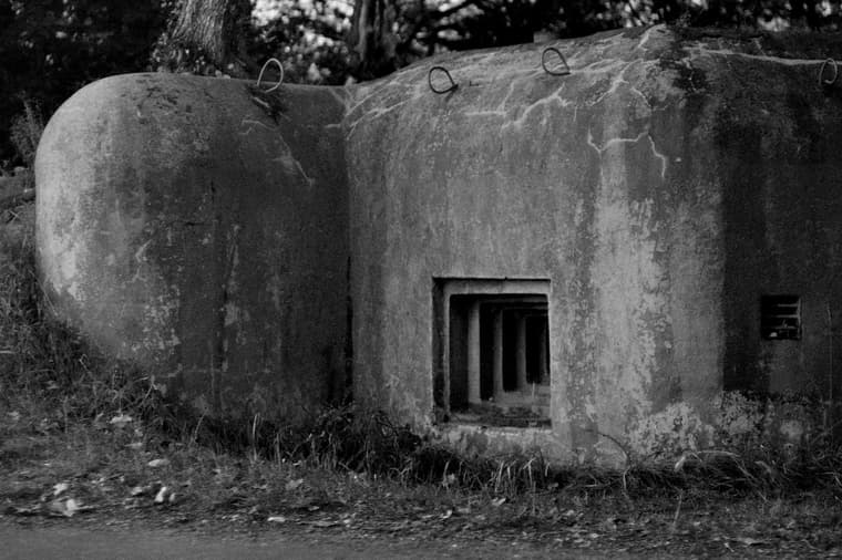 black and white photo of bunker / creepy cold war bunkers