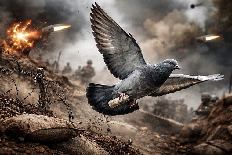 Artist impression of a carrier pigeon in World War 1.