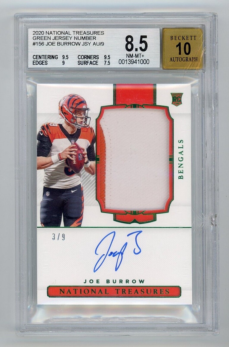 national treasures autographed patch; joe burrow rookie card