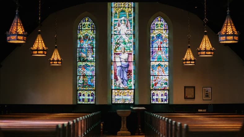 stained glass windows and pews / uncommon religious relics