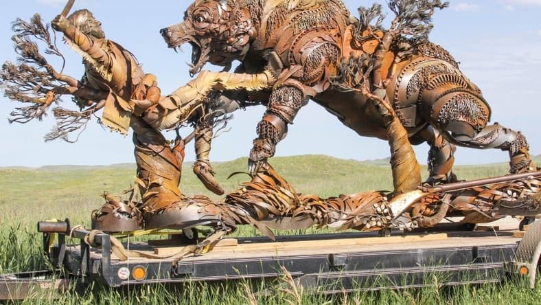 Life-size sculpture of Hugh Glass being mauled by a grizzly bear resides at the Grand River Museum in Lemmon, South Dakota