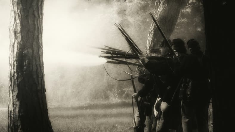 men shooting guns in the woods / civil war mysteries